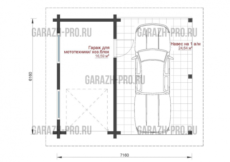 Гараж с прямой кровлей и навесом 6х7