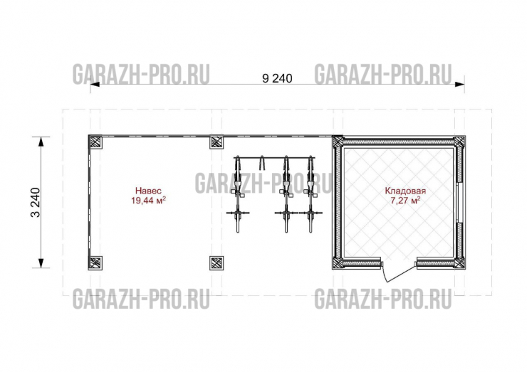 Навес 3х9 на 2 авто с хозблоком