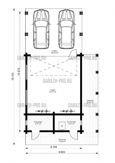 Гараж на 2 авто с навесом на 2 авто и хозблоком 16х7