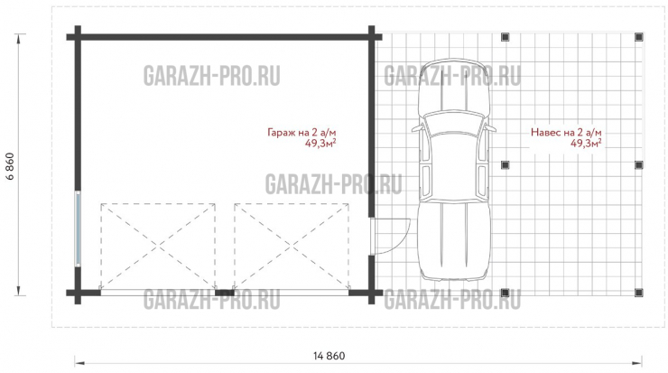 Гараж на 2 авто с навесом на 2 авто 15х7
