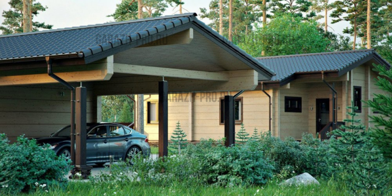 Гараж из клееного бруса с навесом на 2 авто 12х6